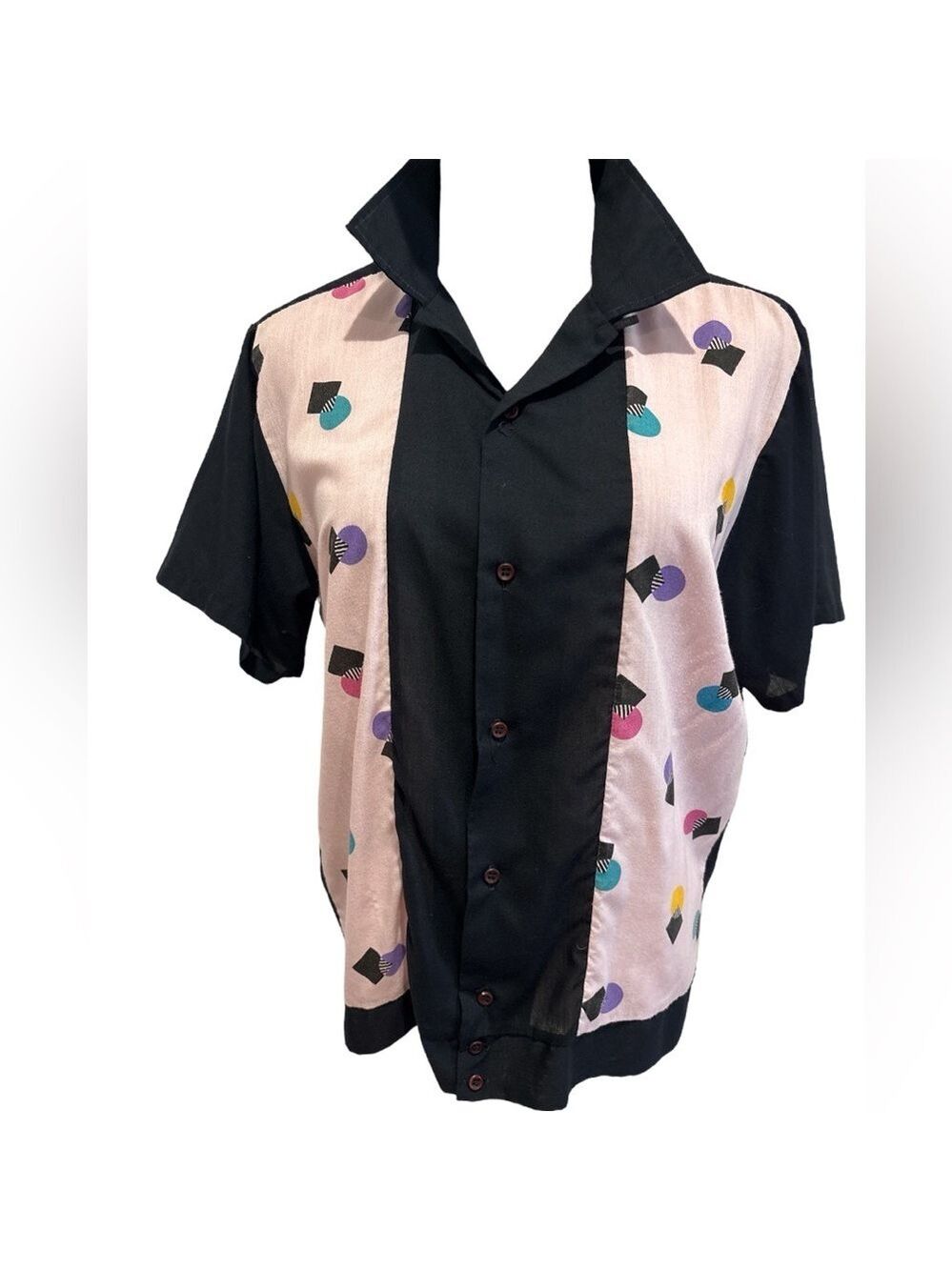 80s BONHOMME BLACK & PINK BOWLING SHIRT W GEOMETRIC PRINT ECLECTIC GRANDPA